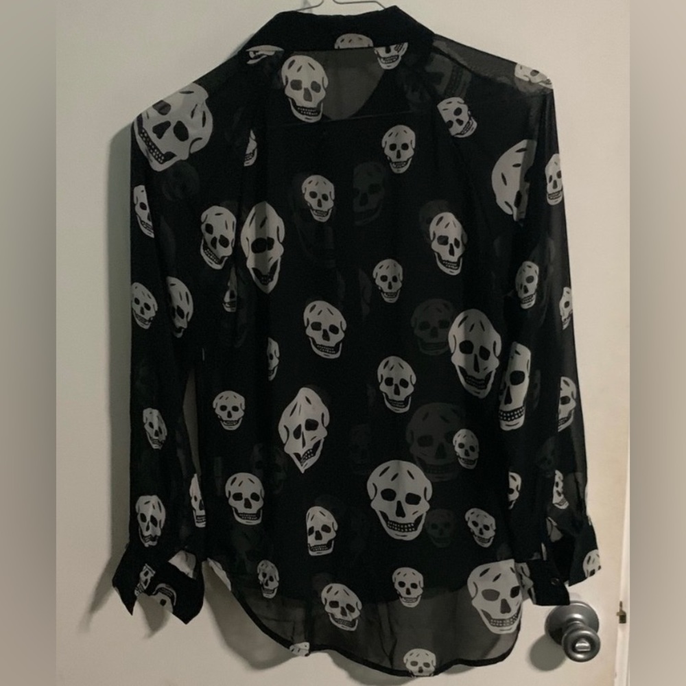 Skull Pattern Black Sheer Button Down Top - image 1